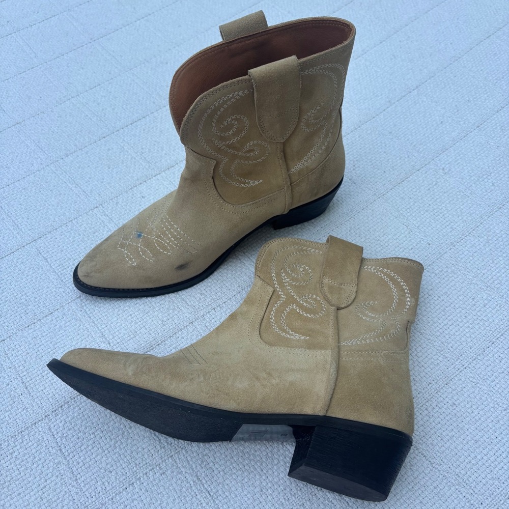 Women's 38 TORAL Puja Light Tan Suede Leather Short Pull On Cowboy Western Boots